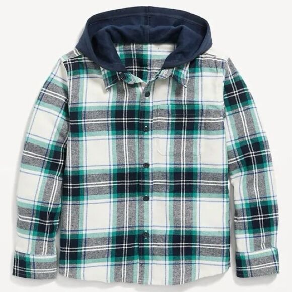 Plaid Flannel Button Down Hooded Shirt  Navy Teal White Large - Picture 1 of 8